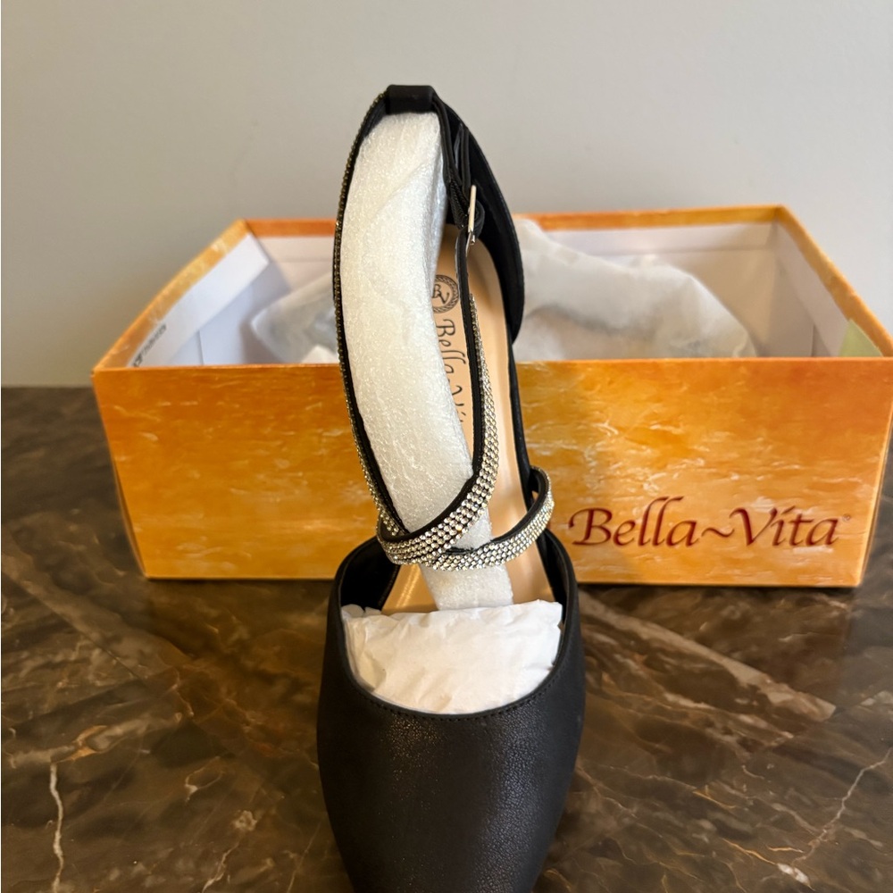 Bella Vita Black Heels with Rhinestone Strap